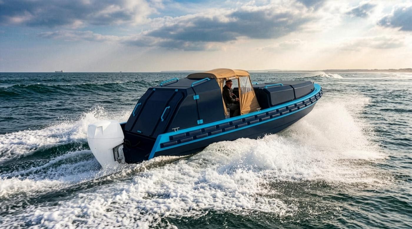 A SeaBreather vessel under way at speed, dark hull with azure trim, an industrial coastline low on the horizon behind it